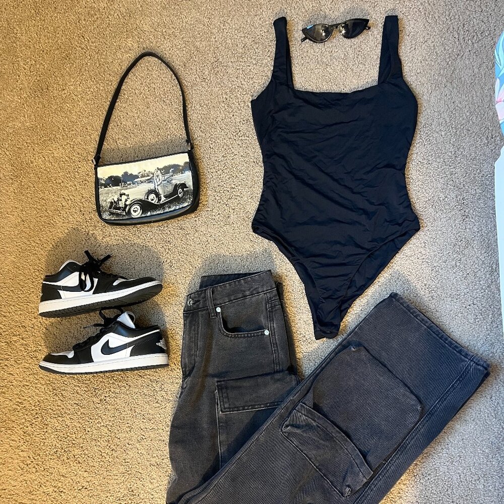 Black Slinky Square Neck Tank Top Bodysuit- Size S